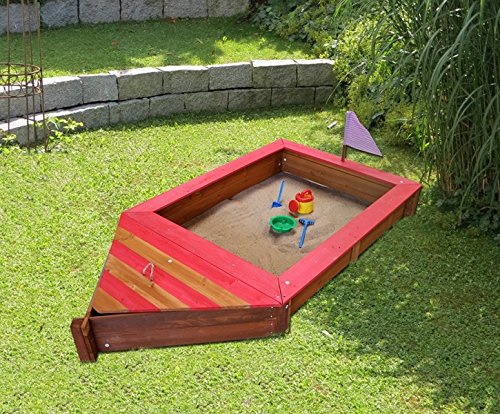 Coemo Sandkasten Boot-Form Piraten-Schiff Holz mit Stauraum Geheimversteck Holzsandkasten Rot oder Blau