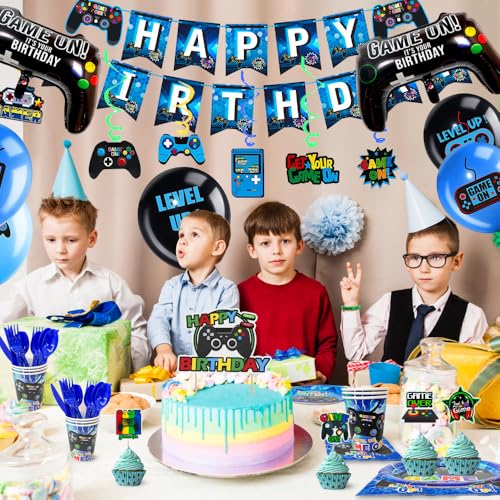 Video Game Birthday Supplies for 16 Guests, 213pcs Games Party Tableware Set - Blue Plates Cups Napkins Tablecloth Balloons Banner Hanging Swirls etc Video Game Party Decorations