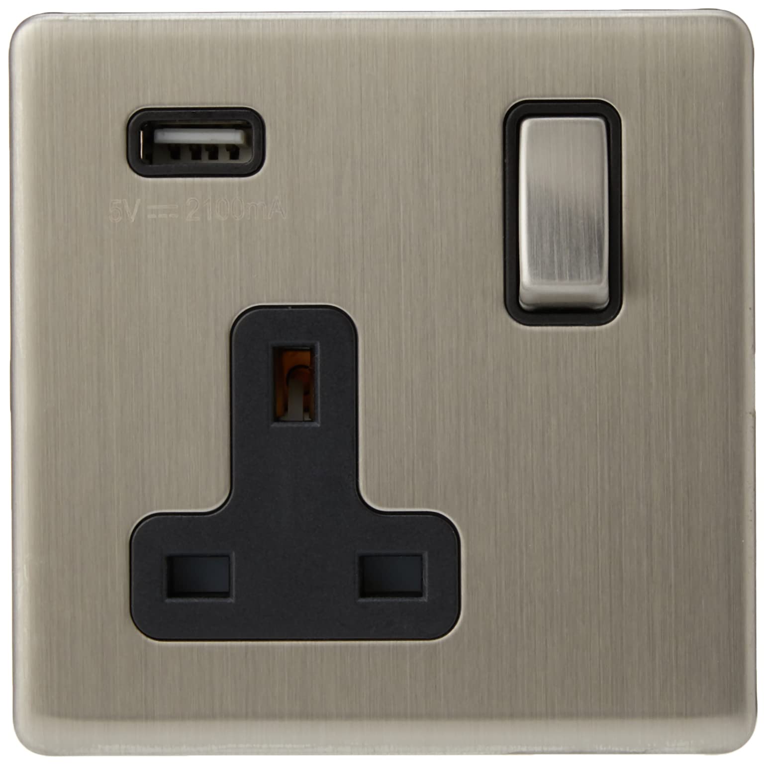 AET SLUSB1GBS 1 Gang 13 A Screwless Single Plug Socket with USB Charging Port and Black Insert Metal Rocker Switch