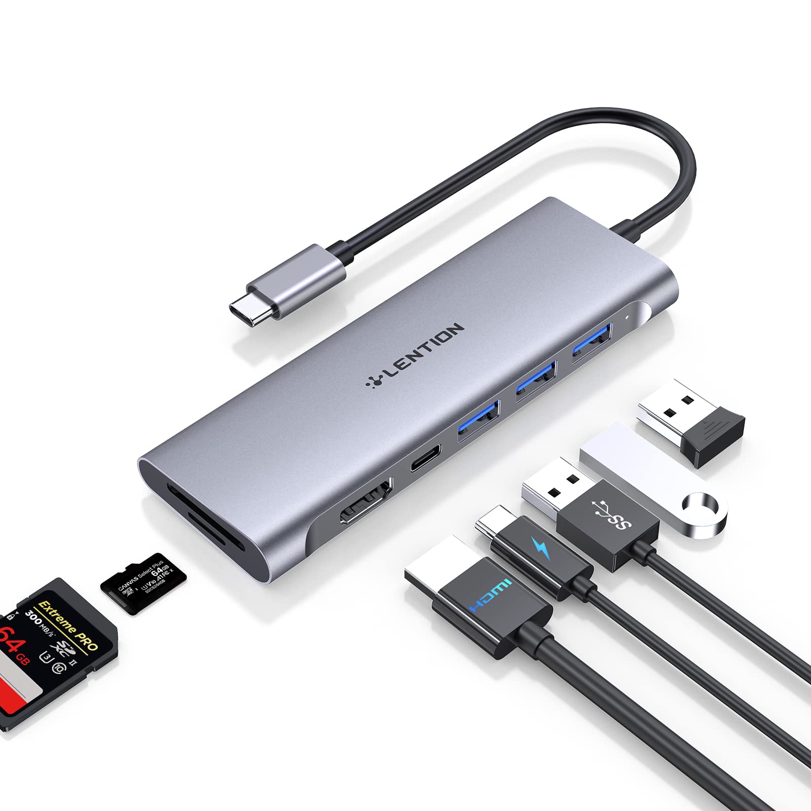 LENTION USB C Multiport Hub with 4K HDMI, 3 USB 3.0, SD/Micro SD 3.0 Card Reader, 100W PD Compatible 2024-2016 MacBook Pro, New Mac Air, Other Type C Devices, Stable Driver Adapter (C36B, Space Gray)