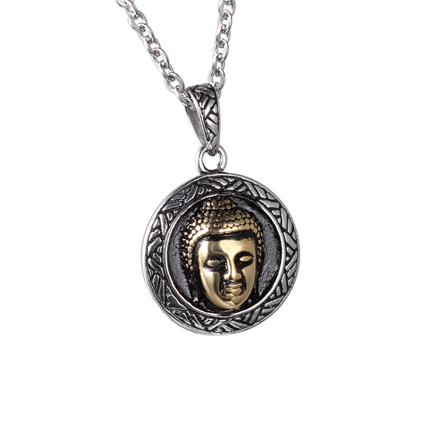 JewelryWe Gift for Dad Mens Stainless Steel Necklace Buddha Pendant for Good Luck, 22 Inches Chain