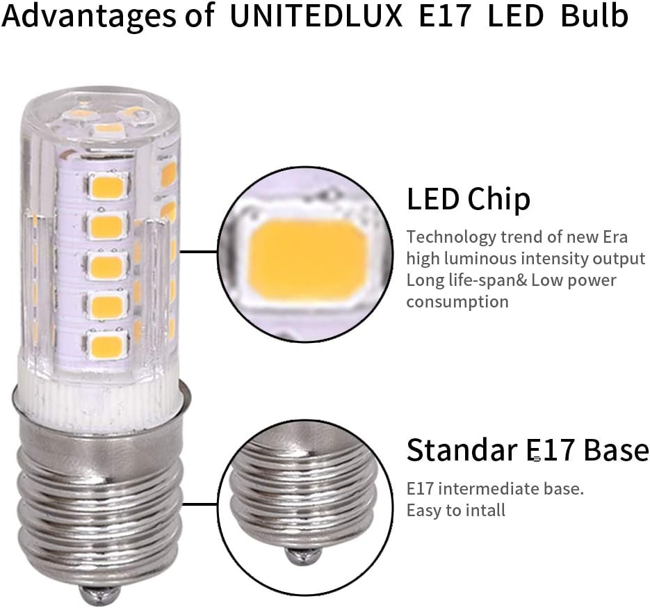 WTINTELL E17 LED Bulb, Equivalent to 40 Watt Halogen Bulb, dimmable, Microwave Refrigerator and Smoking Machine Bulb, AC110-130V 4W Warm White 3000K (Pack of 2) - - 
