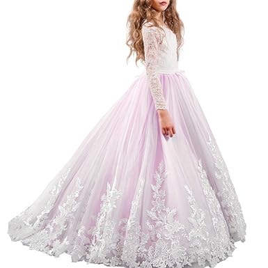 IWEMEK Blumenmädchen Prinzessin Lange Ärmel Festzug Spitze Tüll mit Appliques Brautjungfer Hochzeitskleid Festkleider Geburts