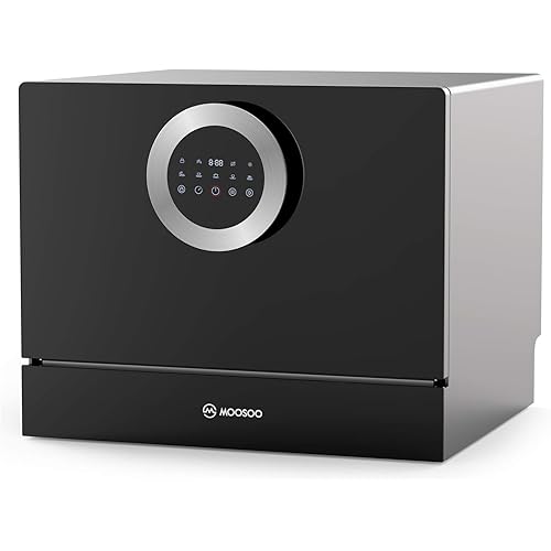 MOOSOO Countertop Dishwasher, Compact Dishwasher with 6 Place Setting Rack and Silverware Basket, 5 Washing Programs, Child Lock and Intelligent Heat Drying Function, Black