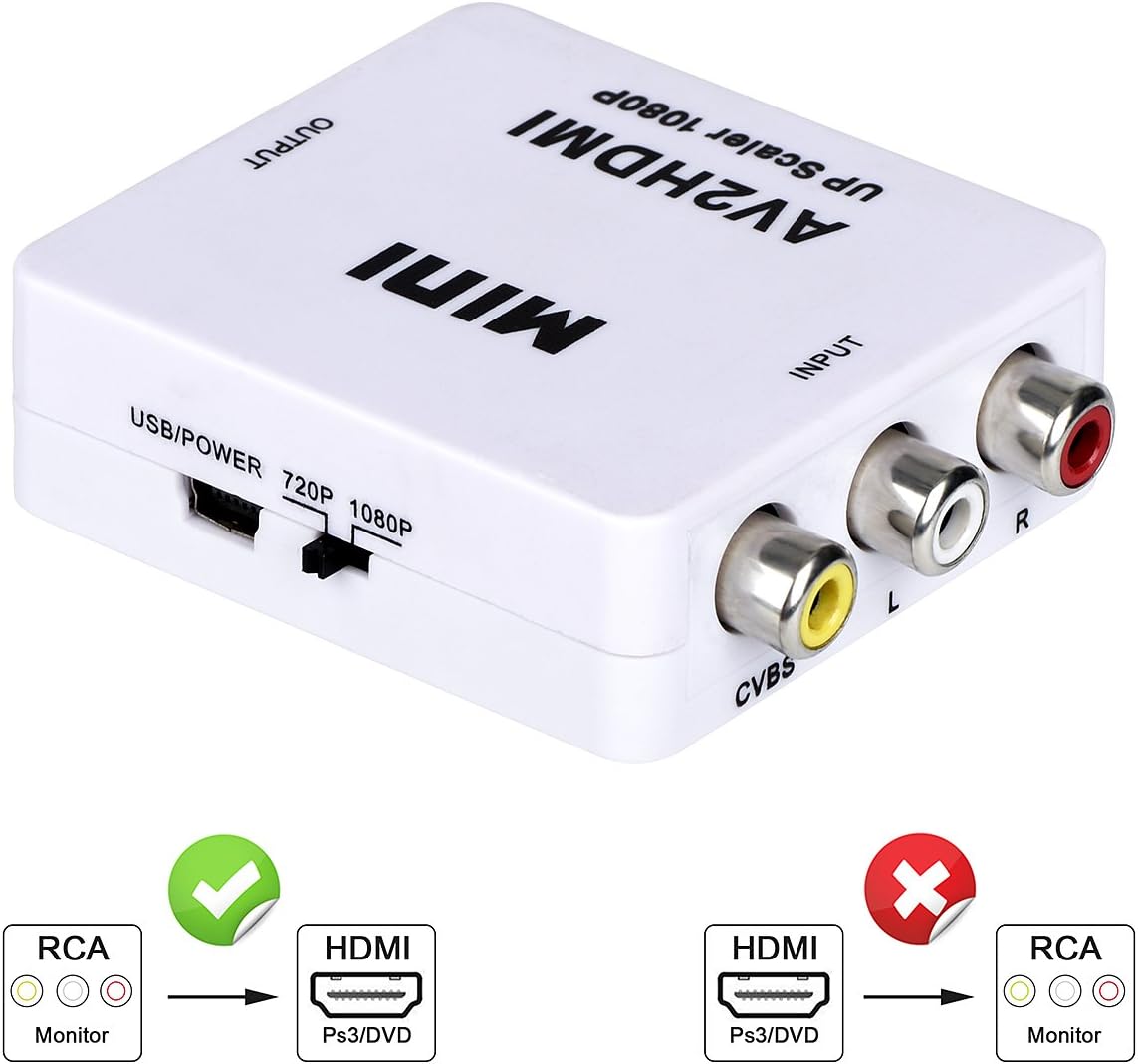 RCA to HDMI Converter, AV to HDMI Adapter, 3RCA CVBs Composite Audio Video to 1080P HDMI Supporting PAL/NTSC for PC Laptop Xbox PS3 TV STB VHS VCR Camera DVD Etc