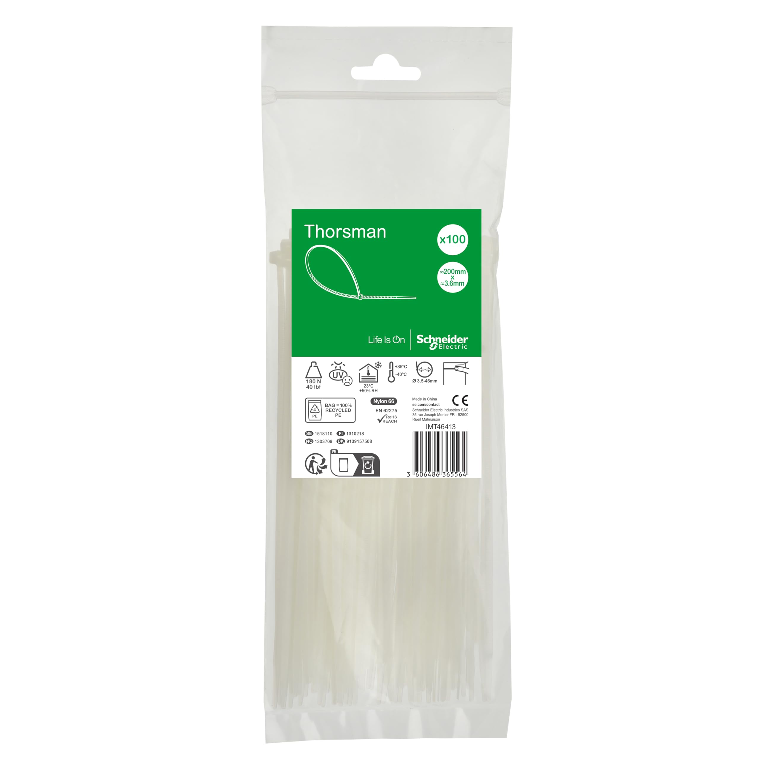 Schneider Electric Thorsman Cable Ties, Pack of 100, Made of Polyamide, 200 x 3.6 mm, Clear Colour, Various Sizes, Smooth Rounded Edges, Super Durable, Self-Locking Cable Ties for Cable Management