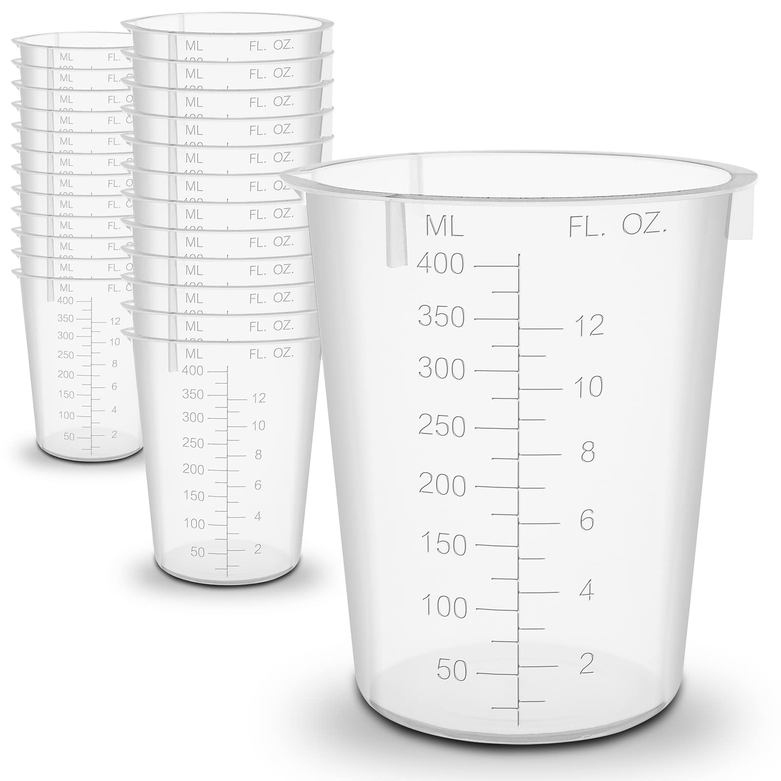 25 Pack, RE-GEN 400ml Plastic Multi-Purpose Graduated Liquid Mixing Measuring Cups Pots – Ideal for Kitchen, Cooking, DIY, Laboratory, Arts & Crafts