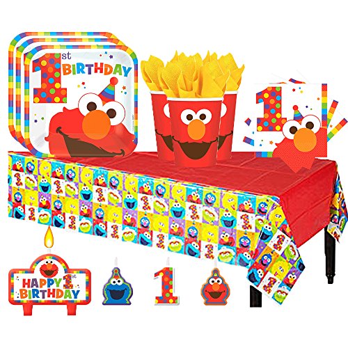 Sesame Street Elmo Turns One Birthday Party Pack for 16 with Plates, Napkins, Cups, Tablecover, and Candles - Thumbnail 7