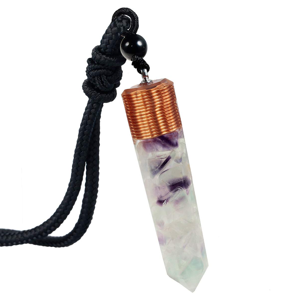 mookaitedecor Fluorite Crystal Point Pendent Necklace for Women Men, Resin Healing Crystal Chip Necklace Crystal Pendulum Necklace Hexagonal Semi Precious Stone Reiki Chakra Spiritual Gift