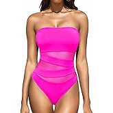 Holipick Women Strapless Bandeau One Piece Swimsuits Sexy Mesh Cutout Bathing Suits Tummy Control Swimwear