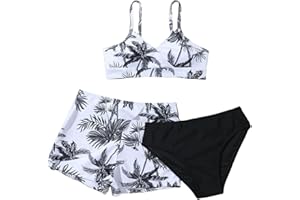 JiAmy Girls 3 Piece Bikini Set, Kids Swimsuit Swimwear with Drawstring Beach Cover Ups Shorts Bathing Suit for 8-12 Years