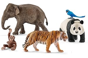 Schleich Wild Life - 5 PC Jungle Animals Figurines Toy Set with Elephant, Panda, Tiger, Parrot, and Baby Monkey Toys for Boys and Girls - Realistic Animal Figures Playset for Kids Ages 3+ - 77588