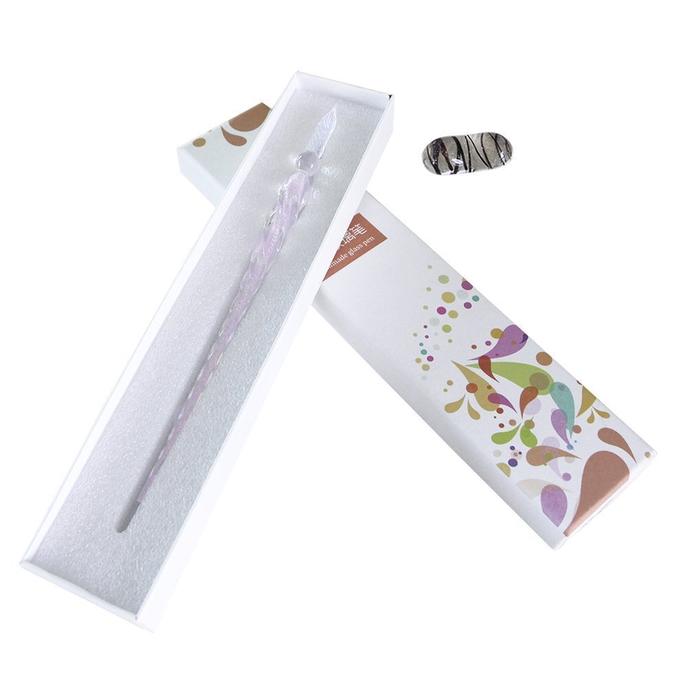 Crystal Glass Dip Pen, Handmade Glass Signature Pen Business Present with a Pen Holder Vintage Elegant Design, Gift Package(Pink)