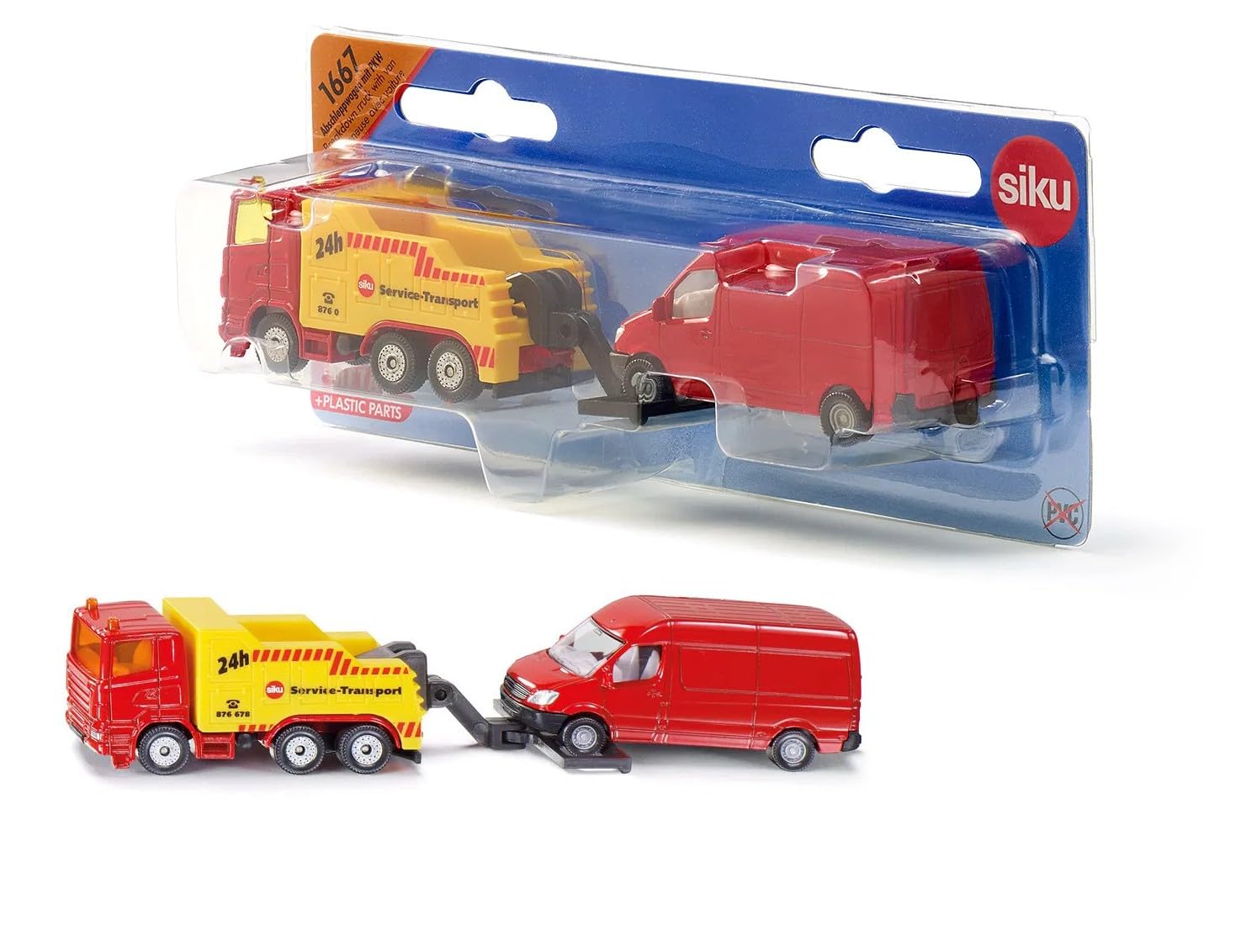 siku 1667, Breakdown Truck with Car, Metal,Plastic, Red,Yellow, Liftable and lowerable towing device