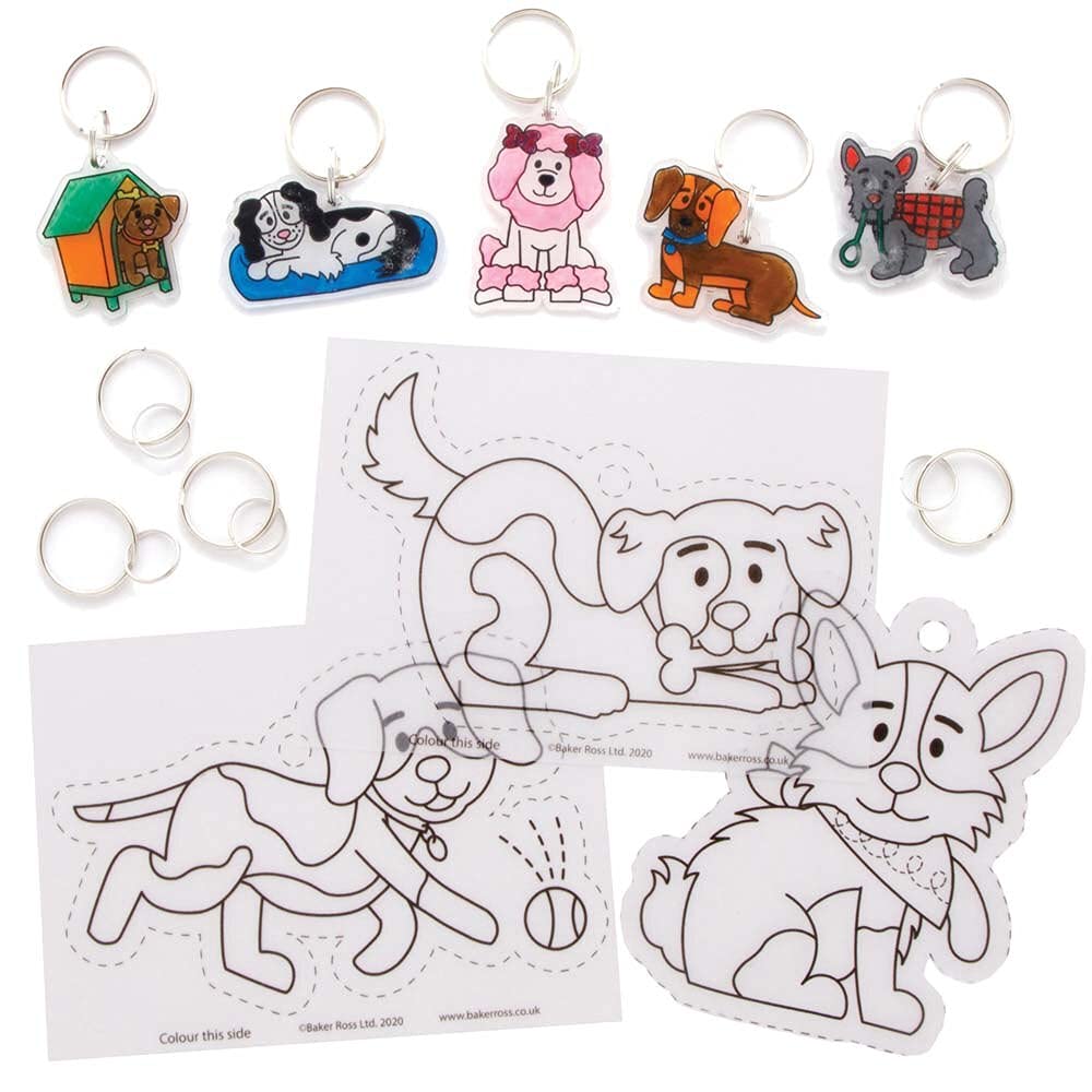 Baker Ross FE392 Dog Super Shrink Keyrings - Pack of 8, Keyrings for Crafts to Colour in, Make and Display, Make Your Own for Kids