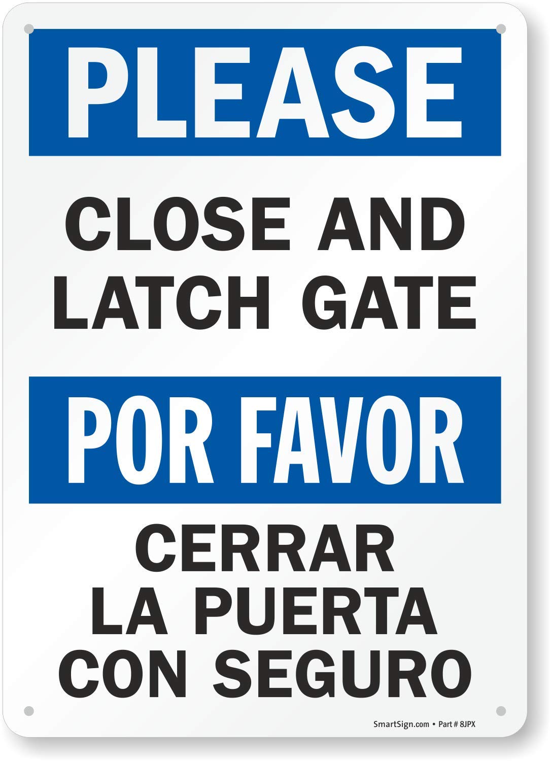 SmartSign Plastic Sign, Legend "Please - Close and Latch Gate", Bilingual Sign, 14" high x 10" wide, Black/Blue on White
