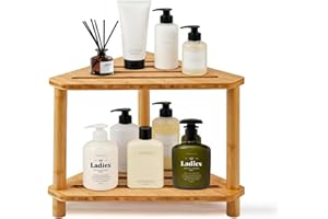 JOOYIFA Bamboo Corner Shower Stool – Waterproof with Storage Shelf, Shower Foot Rest for Inside Shower, Small Spaces, Bath Se