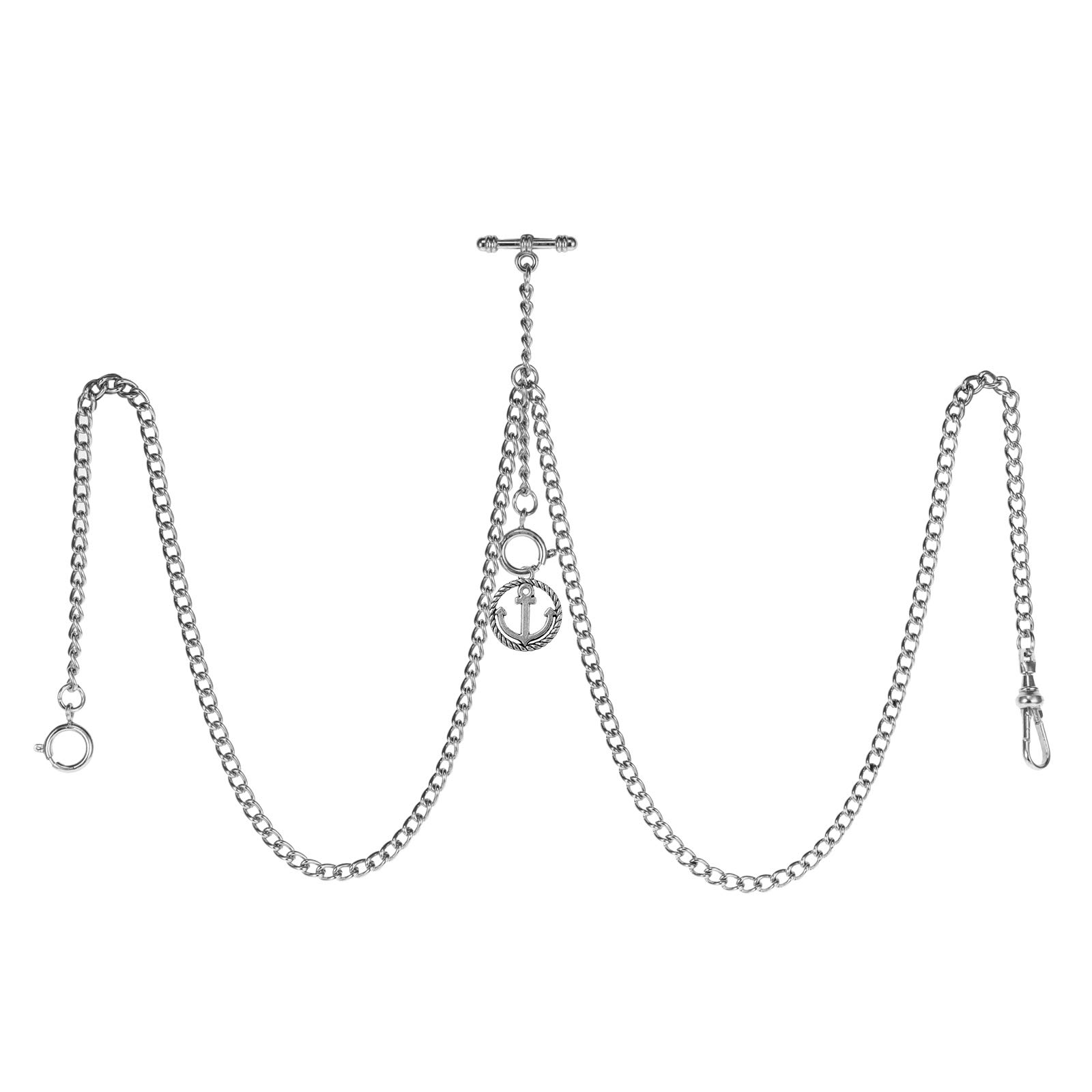 TREEWETO Men's Double Albert Chain Pocket Watch Curb Link Key Chain 3 Hooks with Antique Anchor Silver Pendant Design Charm Fob T Bar