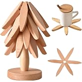 Natural Foldable Black Walnut Wooden Trivet Set - 4 Trivets + 1 Stand for Hot Dishes, Pot, Bowl, Teapot, Hot Pot Holders(Beig