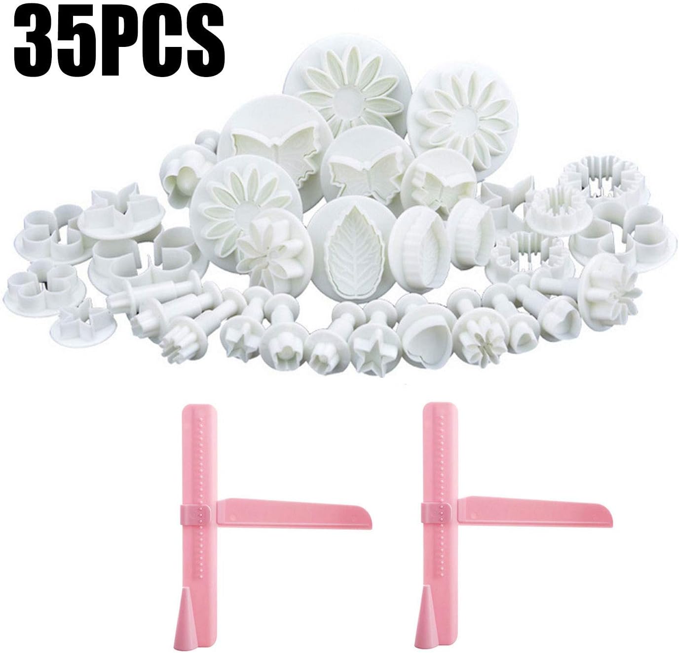 33 Pieces Fondant Cake Cookie Plunger Cutter Sugar craft Flower Leaf Butterfly Heart Shape Decorating Mold DIY Tools and 2 Pieces Adjustable Height Cake Flattener
