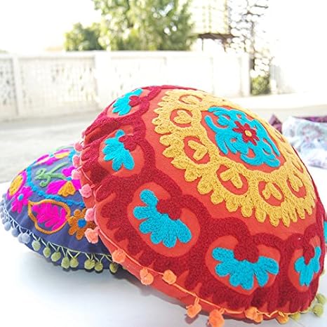 Amazon Handicraftofpinkcityコットンsuzaniラウンドクッションカバー手作り枕カバーオットマンカバーwith Pom Pom Indianラウンドクッションカバーのロット2個 枕 抱き枕 オンライン通販