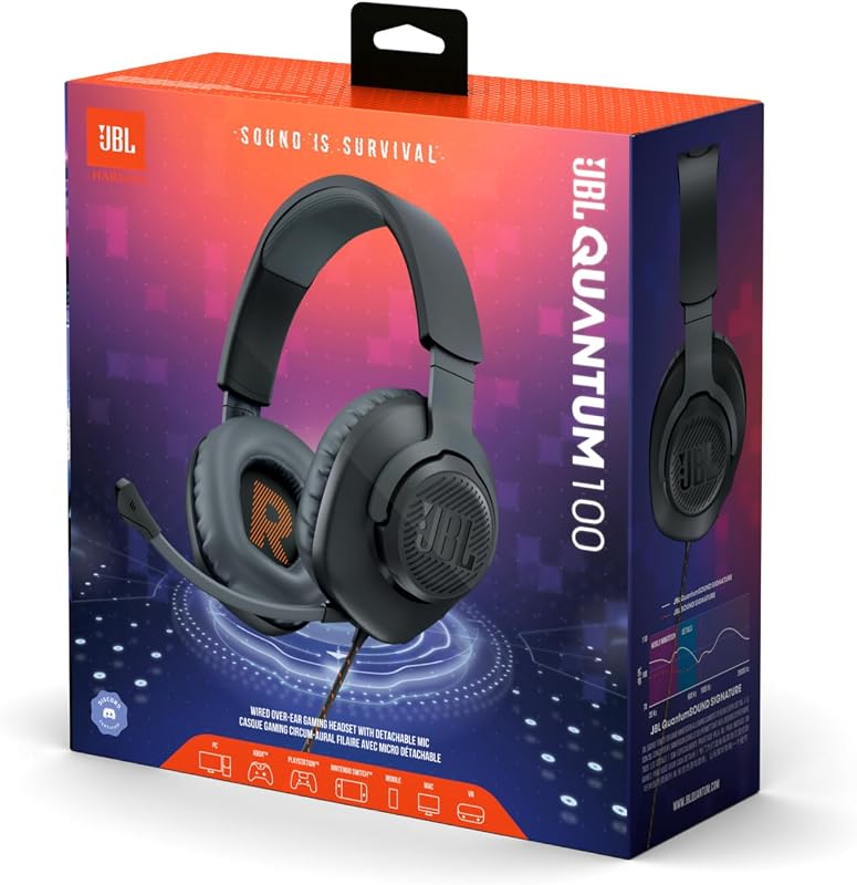 Quantum 100 – Casque gaming filaire avec micro détachable – Accessoire gamer léger et confortable – Compatible avec plusieurs plateformes – Couleur : Noir