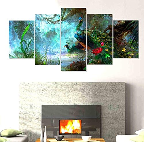 PAPER PLANE DESIGN Multiple Frames Peacock Abstract Wall Art Panels for Living Room Painting - 5 Frames (40 INCH X 80 INCH)