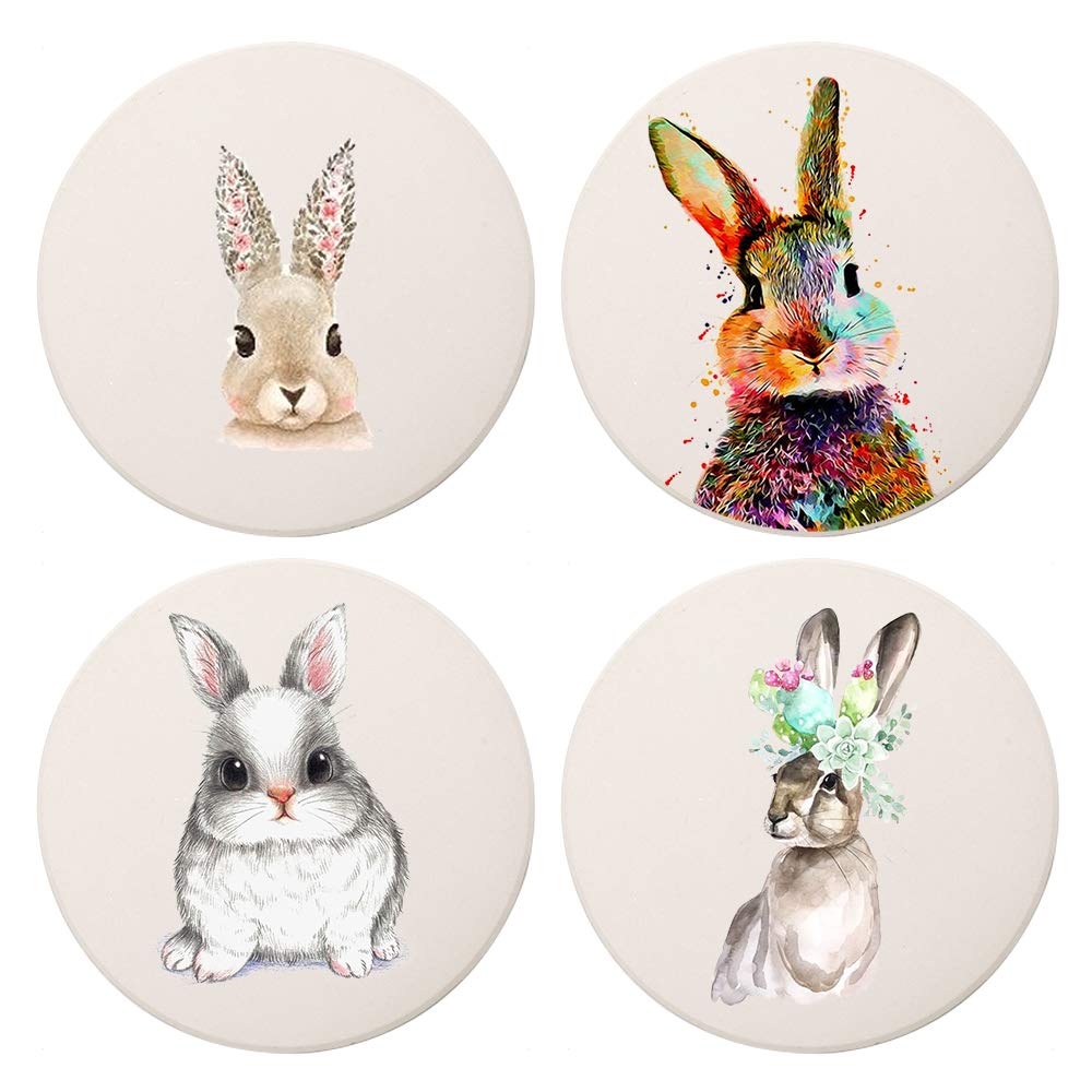MAYCARI Watercolor Rabbit Coasters Set of 4 with Cork Base Protection, Personalised Round Drink Absorbent Stone Coasters Mug Set for Kinds of Mugs and Cups