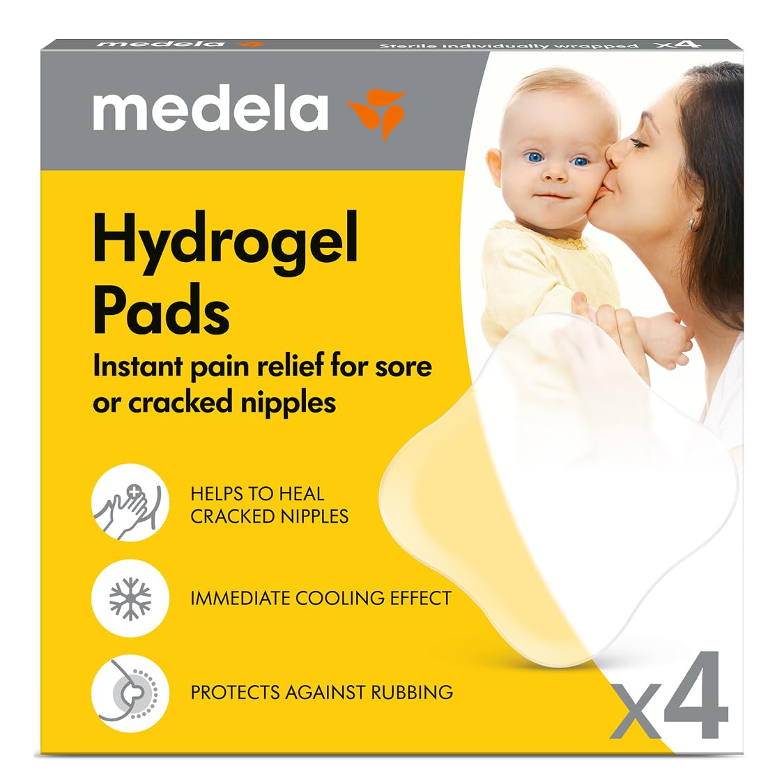Medela Hydrogel Pads, Pain Relief and Cooling for Sore or Cracked Nipples, Sterile, Individually Wrapped, Pack of 4