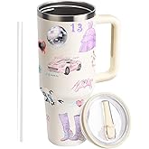 WALLFID 40oz Tumbler with Handle and Straw,Stainless Steel Insulated Water Cup,Reusable Leakproof Large Capacity Tumbler for Juice Coffee,Great Gift for Teens and Singer Lovers (Lid B)