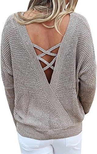 Jeeluory Women's Casual Criss Cross Backless Loose Pullover Sweater Knit Jumper Tops