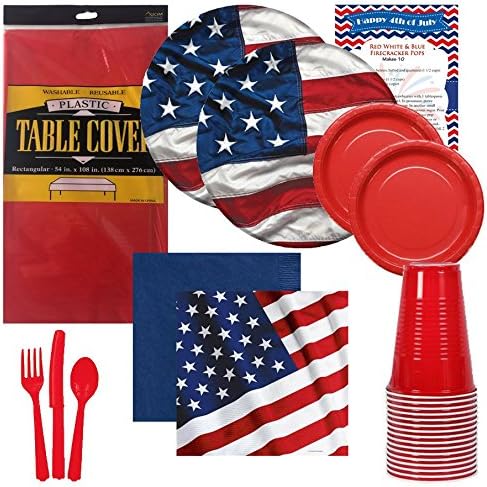 4th of July Disposable Dinnerware Party Pack - Patriotic Symbol - Dinner and Dessert Plates, Napkins, Cups, Silverware &amp; Table Cover Bundle (Serves 16)