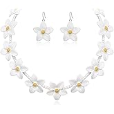 EVER FAITH Flower Jewelry Sets for Women, Dainty Enamel Faux Pearl Bead Wedding Party Choker Necklace Hook Earrings Set Summer Beach Accessories for Women
