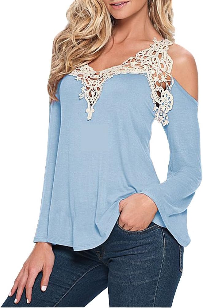 KAMA BRIDAL Women Off Shoulder Lace Crochet Long Sleeve Casual Blouse Tops