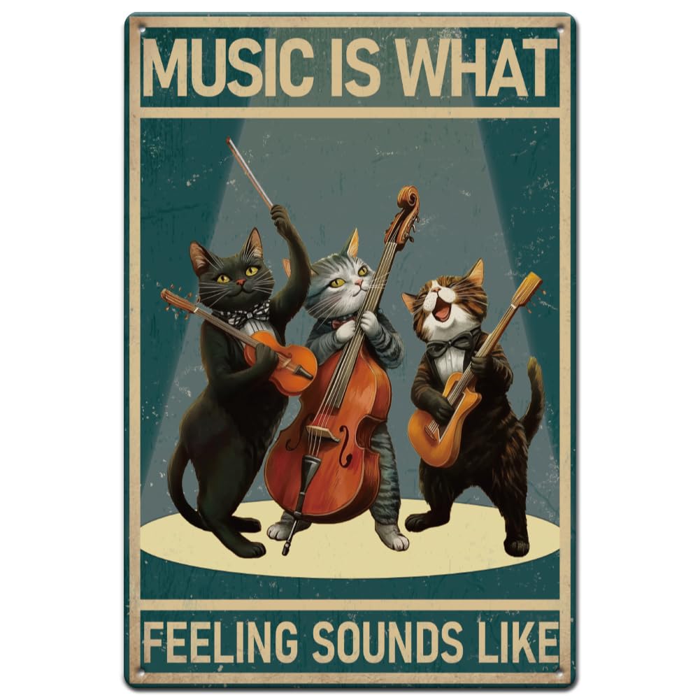 SUPERDANT Cat Music Vintage Metal Tin Sign Music Is What Feeling Sounds Like Retro Metal Tin Signs Music Theme Room Signs Kitten Wall Arts for for Home Bars Cafe Pubs Vintage Wall Decoration