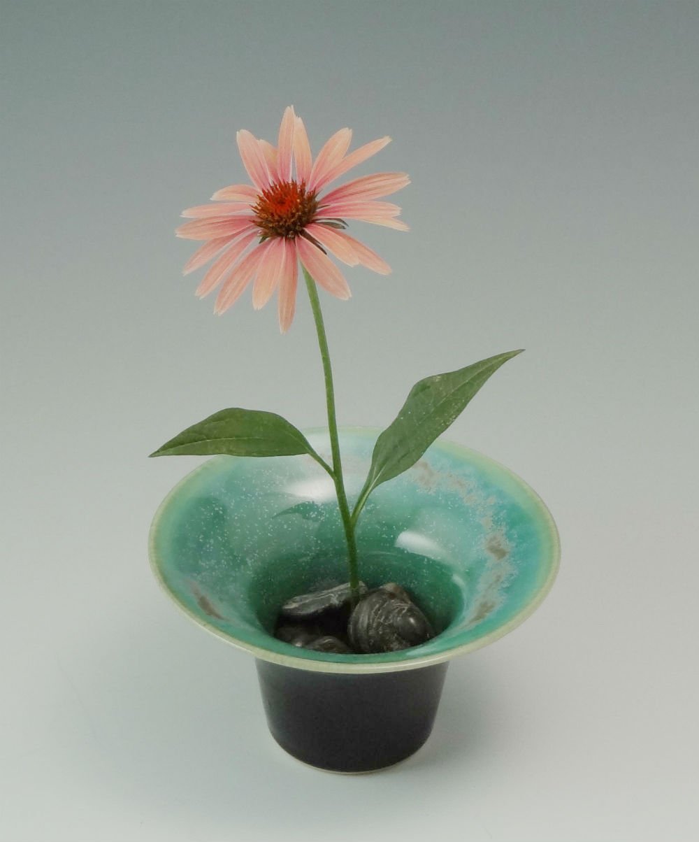 Ikebana Style Vase in Metallic Green, Low Profile Flower