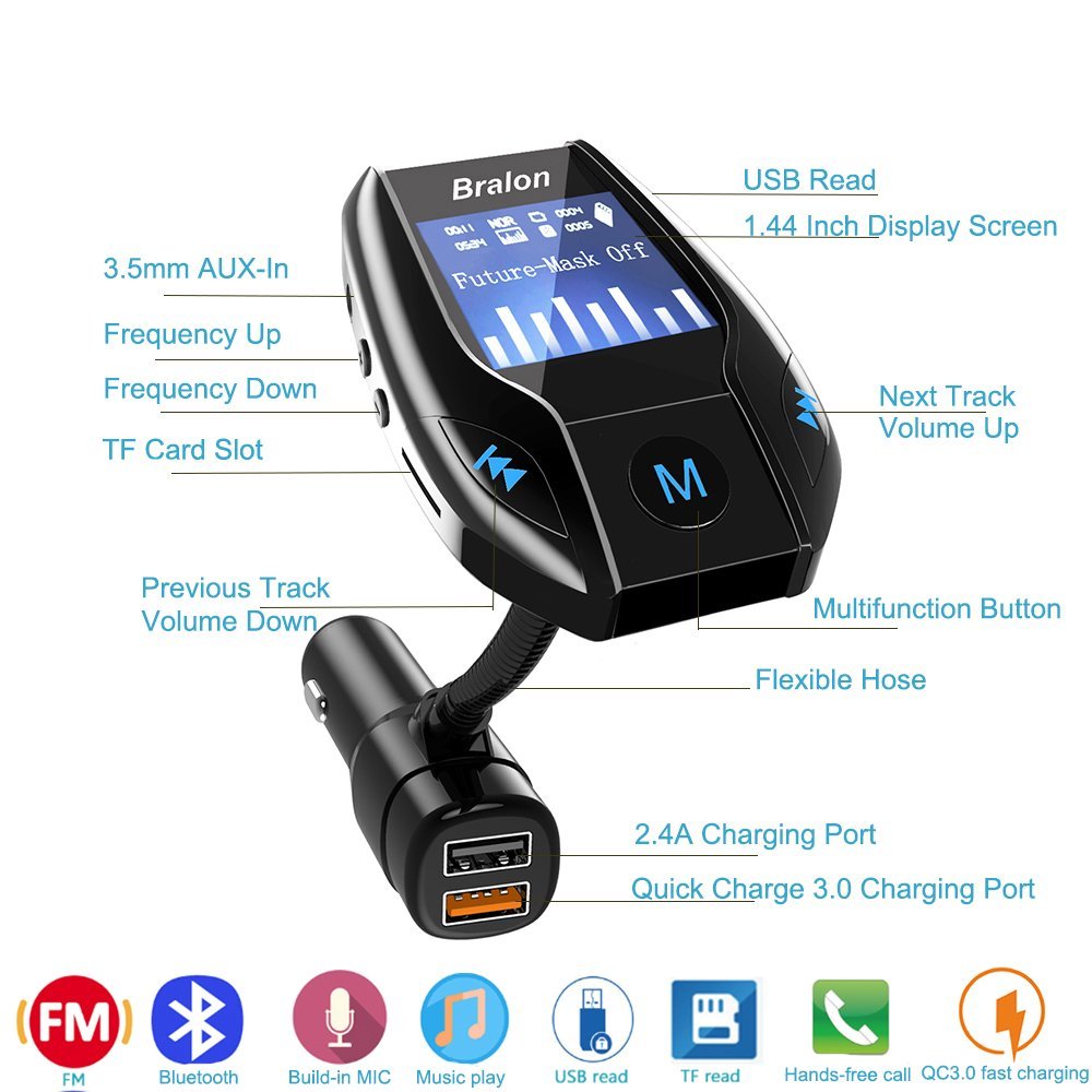 (Upgraded Version) Bluetooth FM Transmitter With Quick Charge 3.0+5V/2