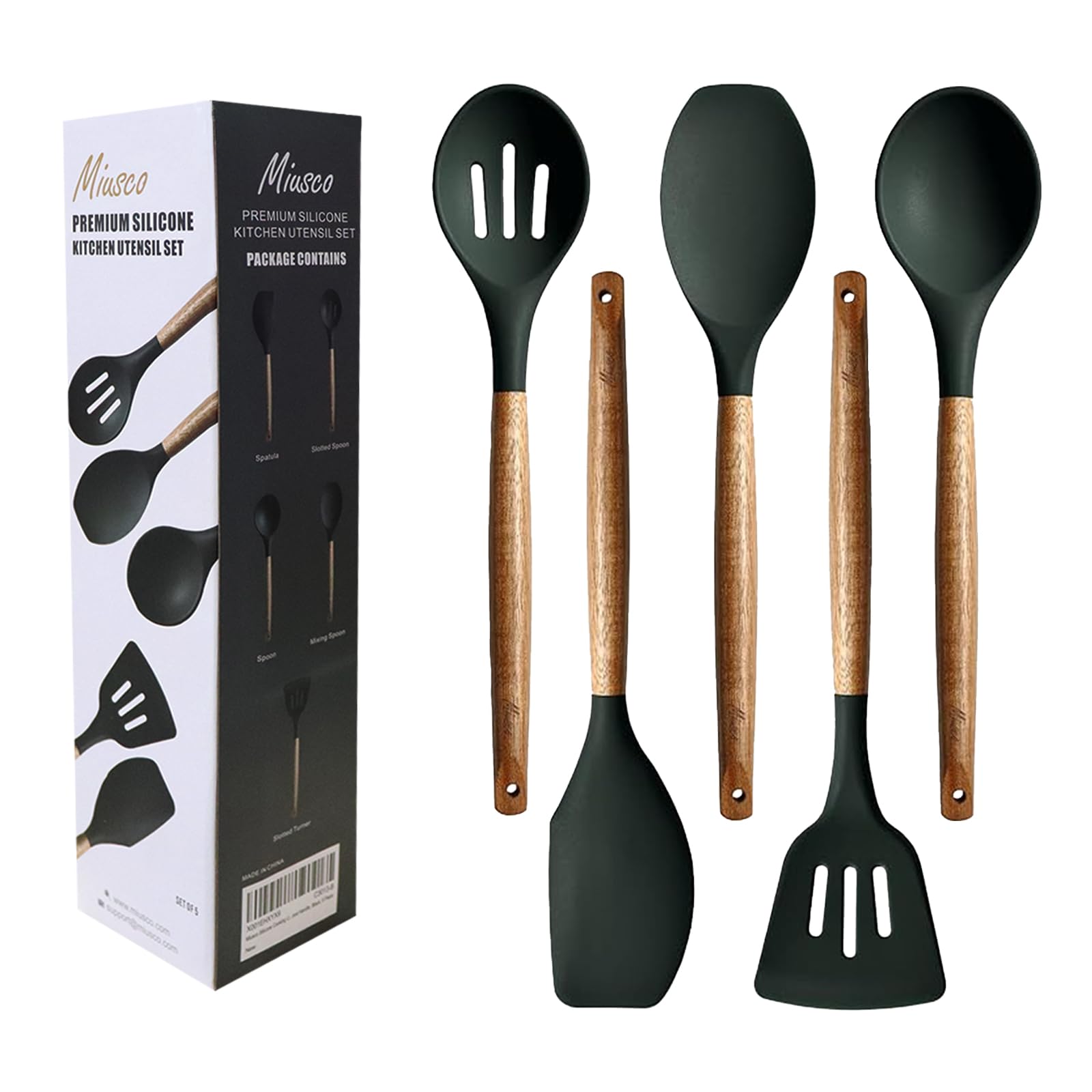 Miusco Non-Stick Cooking Utensils, Silicone Kitchen Utensils Set with Natural Acacia Hard Wood Handle, 5 Piece, Green, BPA Free, Baking & Serving Wooden Cooking Spoon