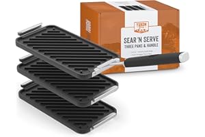 Yukon Glory™ SEAR 'N SERVE Cast Iron Grill Pan Set Includes 3 Cast Iron Grilling Baskets & Clip-On Handle - Cast Iron grill pans for stove tops or Outdoor Grills