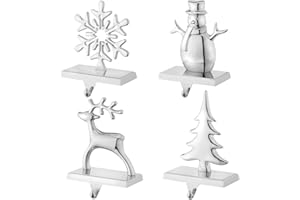 MINETOM Christmas Stocking Holders for Mantel Set of 4 Reindeer Snowflake Snowman Pine Tree Vintage Metal Standing Stocking Hook Silver Sturdy Stockings Hanger for Fireplace Counter Window Decoration