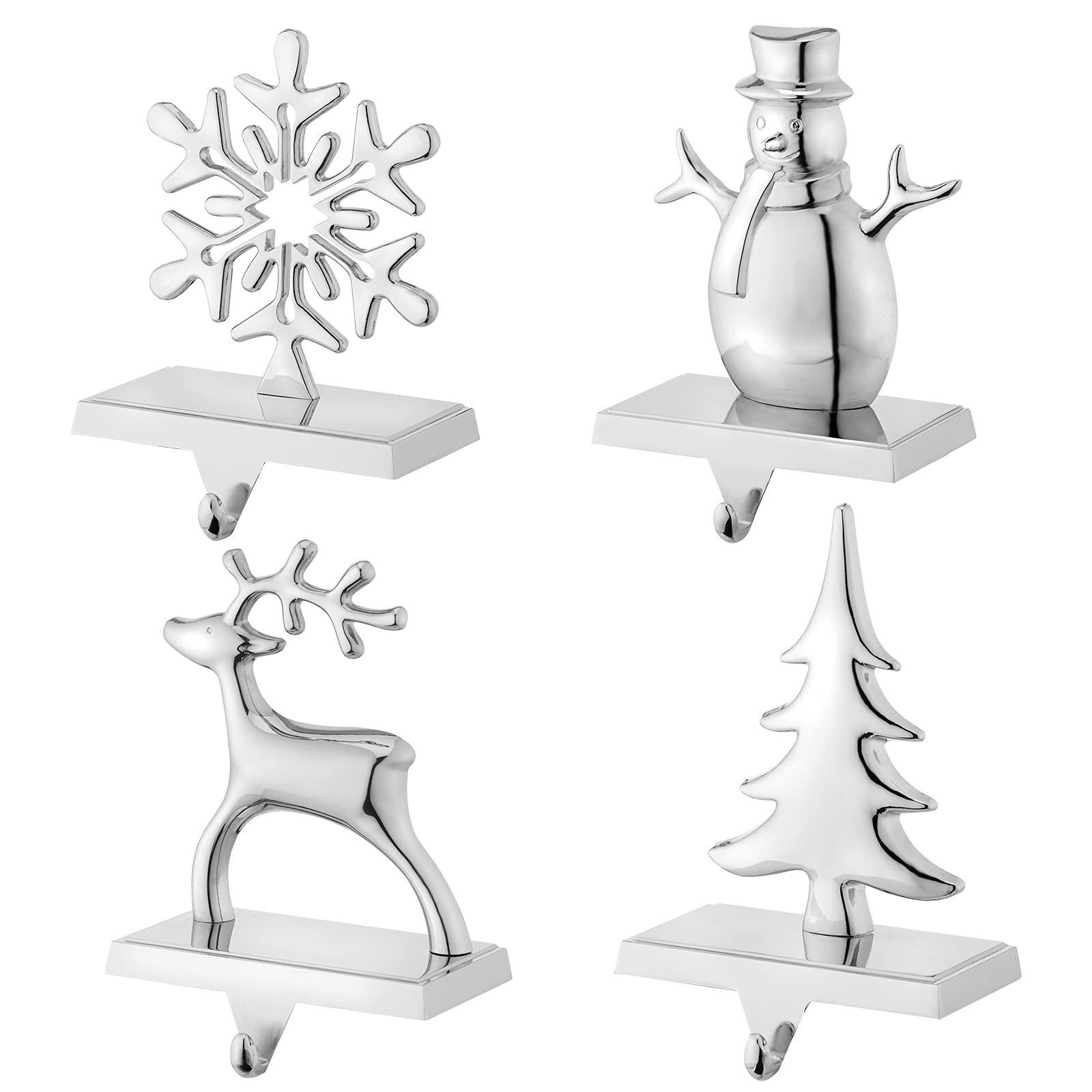 Photo 1 of Christmas Stocking Holders for Mantel Set of 4 Reindeer Snowflake Snowman Pine Tree Vintage Metal Standing Stocking Hook Silver Sturdy Stockings Hanger for Fireplace Counter Window Decoration