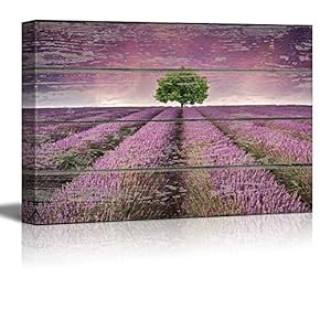 Canvas Wall Art - Lavender Field on Vintage Wood Textured Background - Rustic Country Style Modern Giclee Print Gallery Wrap Home Art Ready to Hang - 12" x 18"