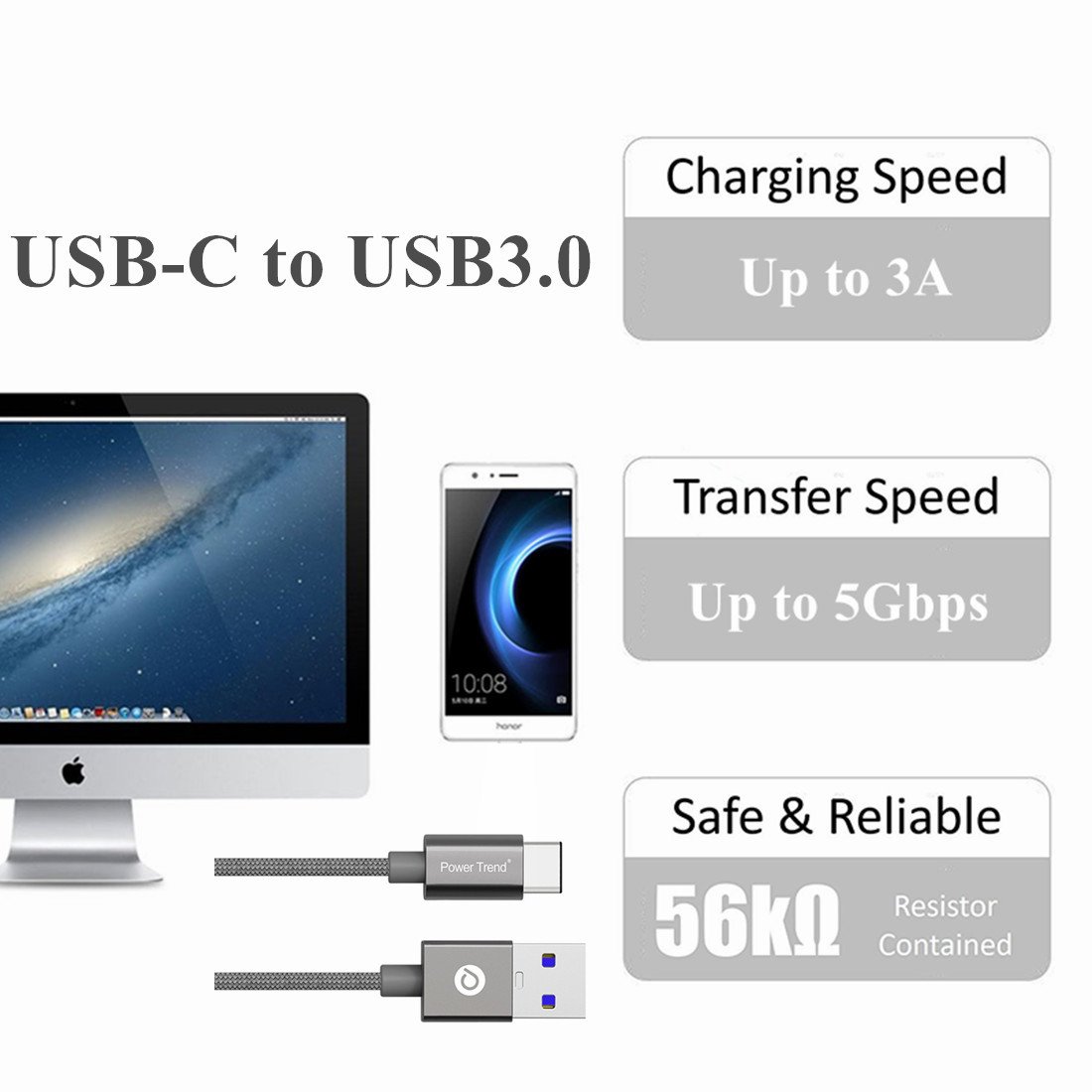 Power Trend 2M 6.6FT Nylon Braided USB Type A to Type C 3.0 Cable Data Transfer Charging Cord 5Gbps for New Apple MacBook PD Power Delivery and Nintendo Switch (Space Gray)