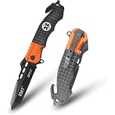 MTECH USA Pocket Folding Knife, 4.5-Inch Blade, Black Half-Serrated, Aluminum Handle with Glass Breaker, Pocket Clip, EDC (Orange)