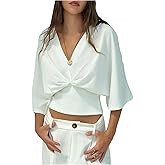 GORGLITTER Women's Dolman 3/4 Length Sleeve Cinched Waist Tops Ruched V Neck Blouses Summer Vacation Going Out Outfits