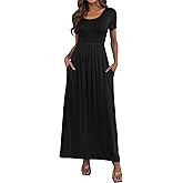 Women's Short Sleeve Loose Plain Long Maxi Casual Dresses with Pockets S Black