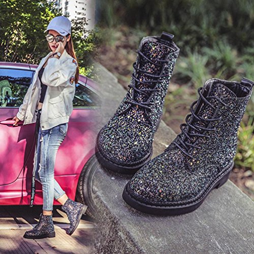 Hot Sale! Women Boots,Sunfei Women Flat Ankle Snow Motorcycle Boots Female Suede Leather Lace-Up Boot (Shine Black, 36)