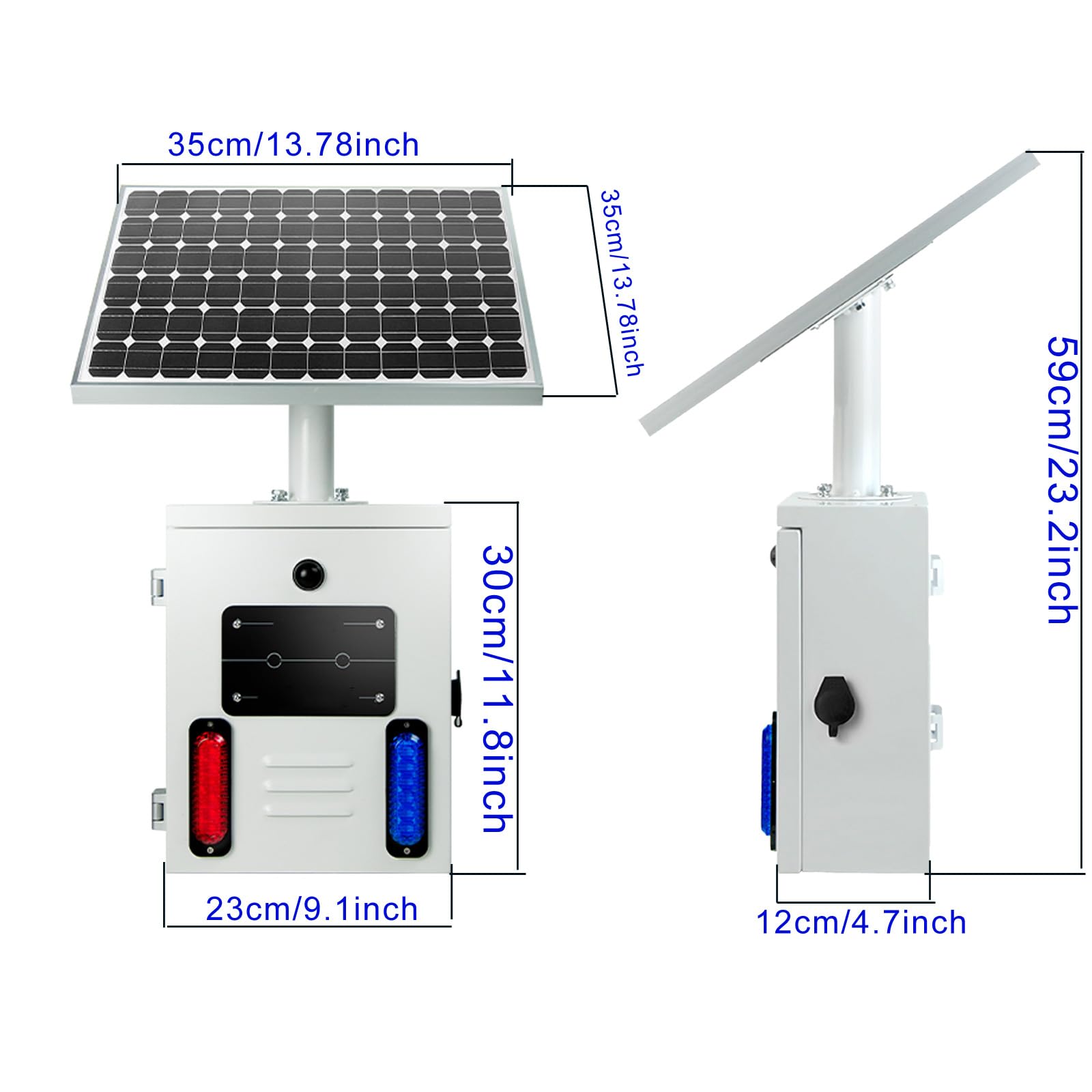 Solar Motion Sensor Alarm Siren Outdoor Waterproof Motion Detector Sirens with Red and Blue Strobe Light, 120dB Horn 17 Tones Adjustable Microwave Infrared Induction Alarm System SLA-TYN01