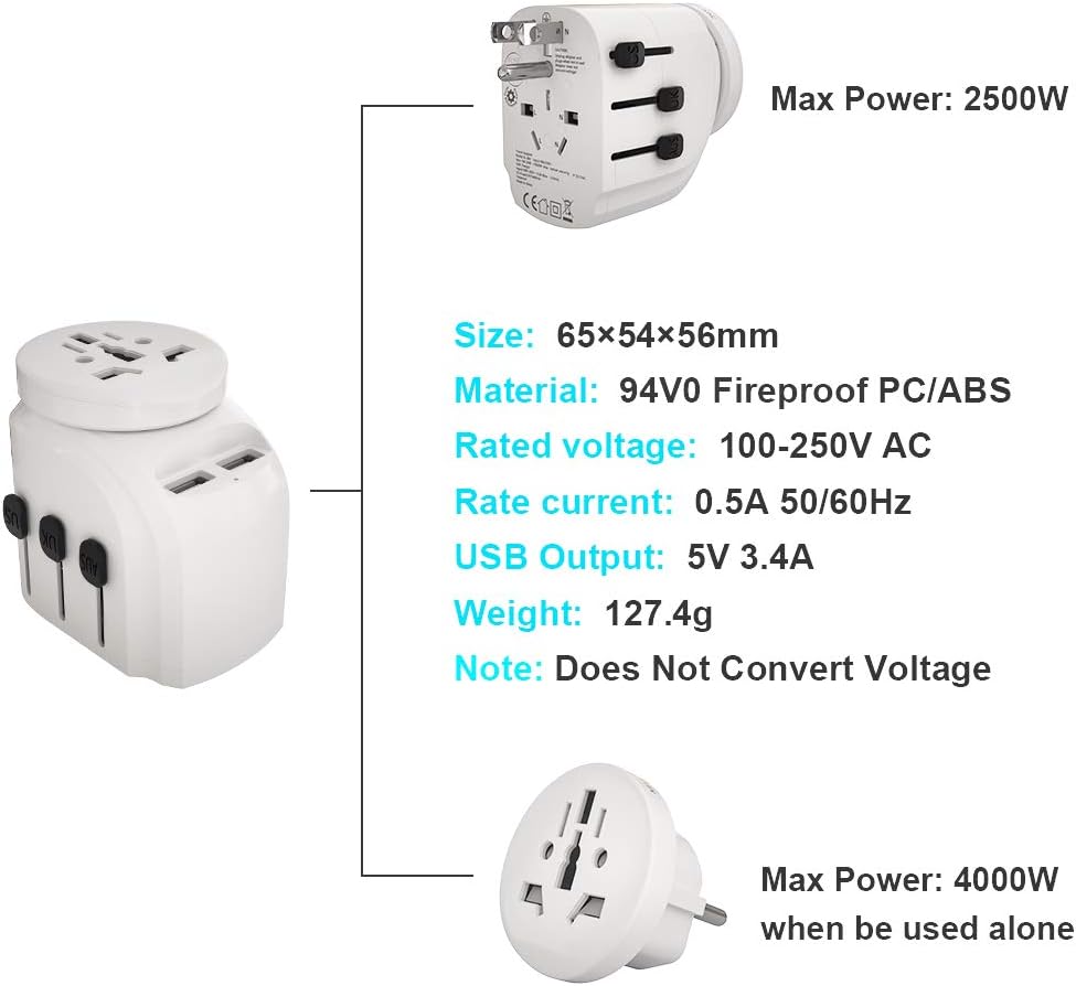 JMFONE 2500W Universal International Travel Adapter for Hair Dryers, 2 USB Charging and UK/AU/US/EU Worldwide Plug Adapter for Europe, Italy, China, Australia, Japan 160 Countries - - 