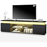 Redkey Modern TV-Stand with Light - Television Stands for 70 75 80 85 Inch TVs - Entertainment Center with Storage Cabinet for Bedroom Living Room - Open Glass Shelves - 2AC Outlet - Pure Black